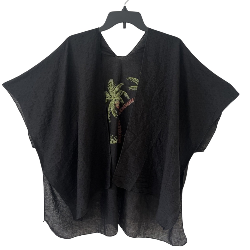 Trezo Black Open Front Kimono Caftan Duster Swim Coverup Semi Sheer Palm Tree OS